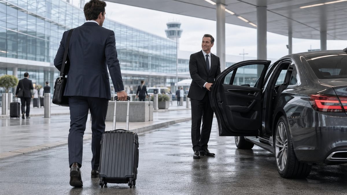 Traveller with luggage approaching a private-hire car at an airport pickup area