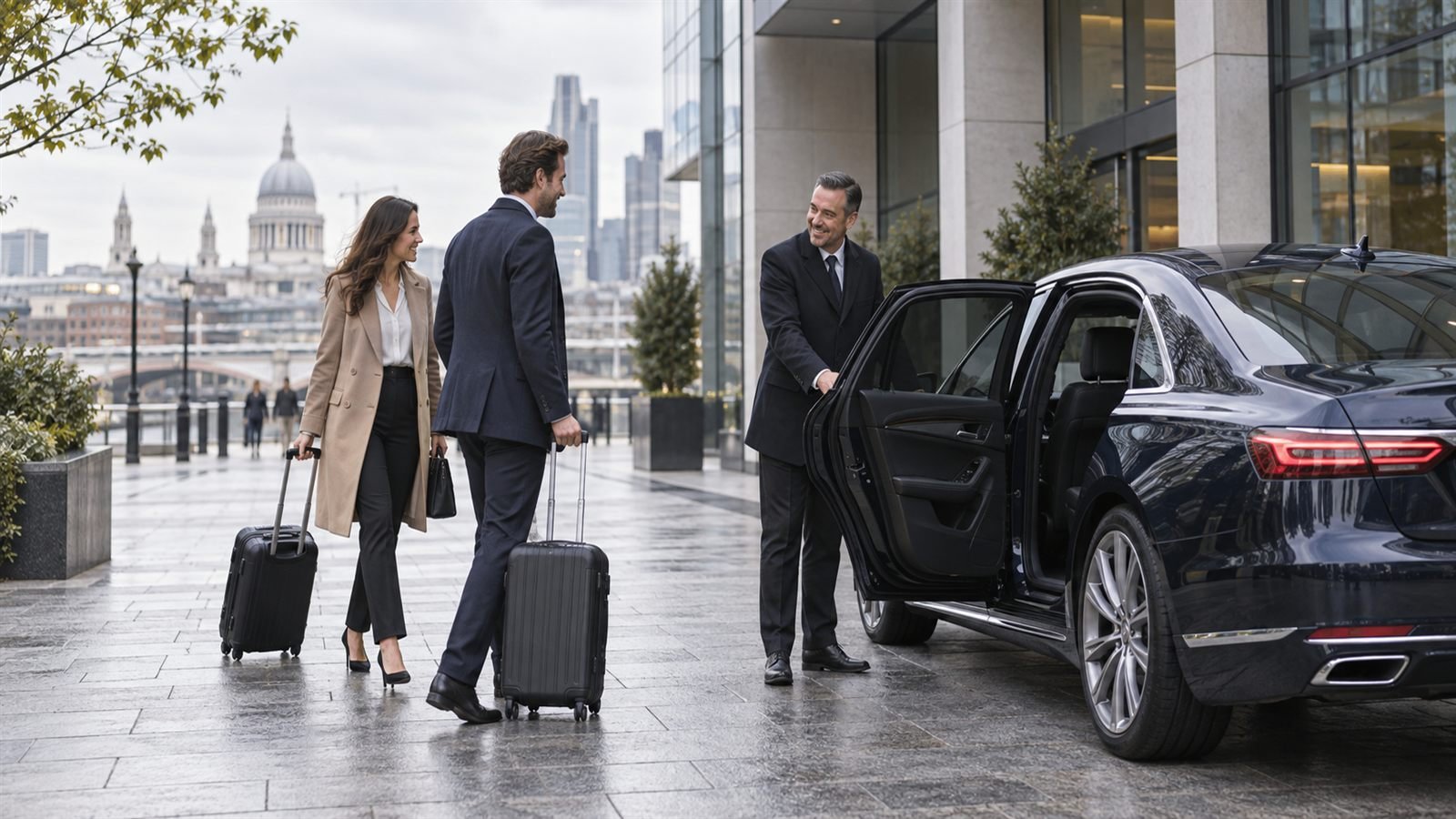 Business travellers arriving at a dark private-hire car outside a modern office