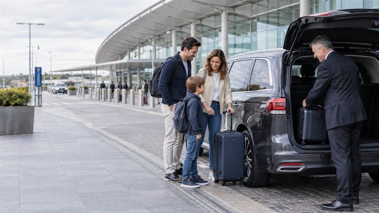 Family with luggage beside a private-hire people carrier at an airport