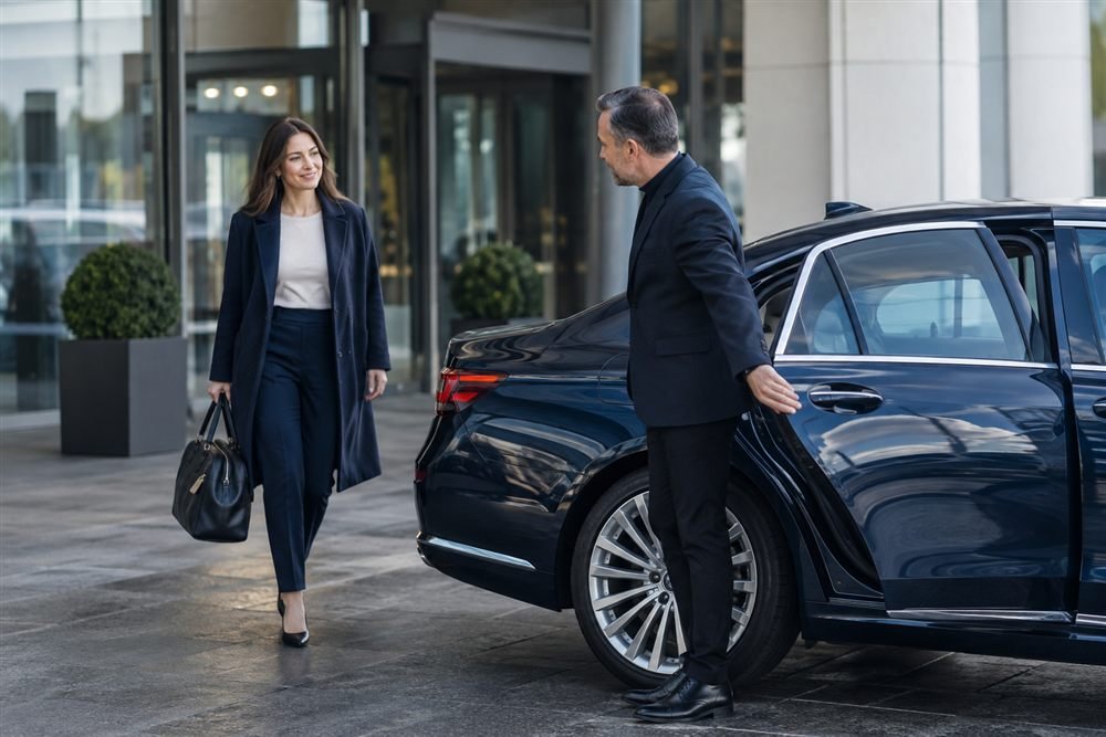 Professional driver opening the door of a dark sedan for a traveller